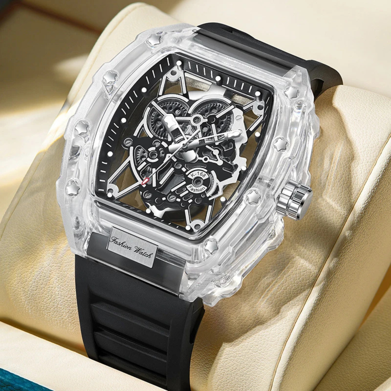 Montre squelette transparente avec bracelet silicone noir, look tendance unisexe — 225 Official Store